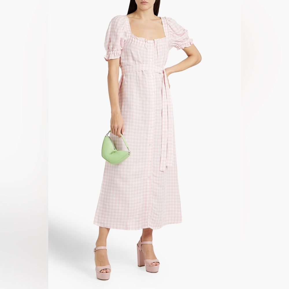 EUC Daily Sleeper Brigitte Linen-Blend Pink Gingham Midi Dress Size S